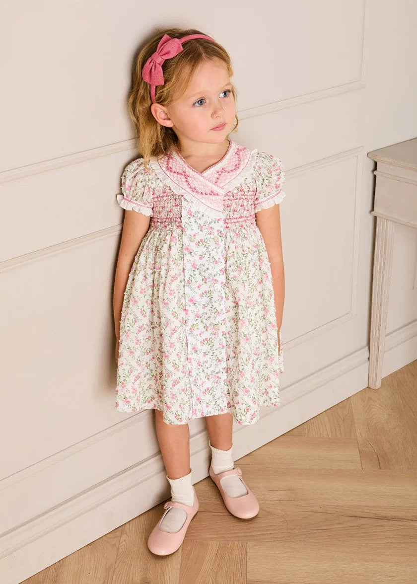 Alice Floral Double Breasted Hand Smocked Dress in Pink (12mths- 10yrs)