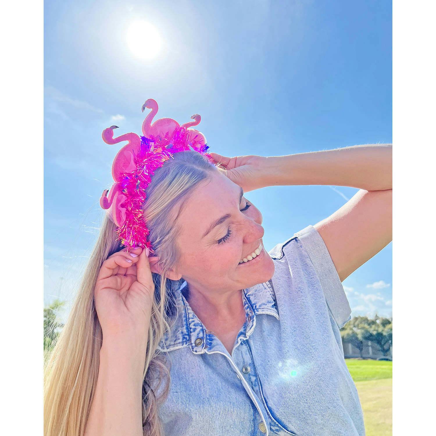 Packed Party Flamingo Party Novelty Headband - Pink Tinsel with 3D Glitter Flamingos for Beach, Pool, and Bachelorette Parties, 8.5x9.5 Inch, One Size