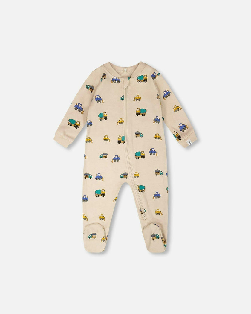 Organic Cotton Baby One-Piece Pyjama Beige Truck Print
