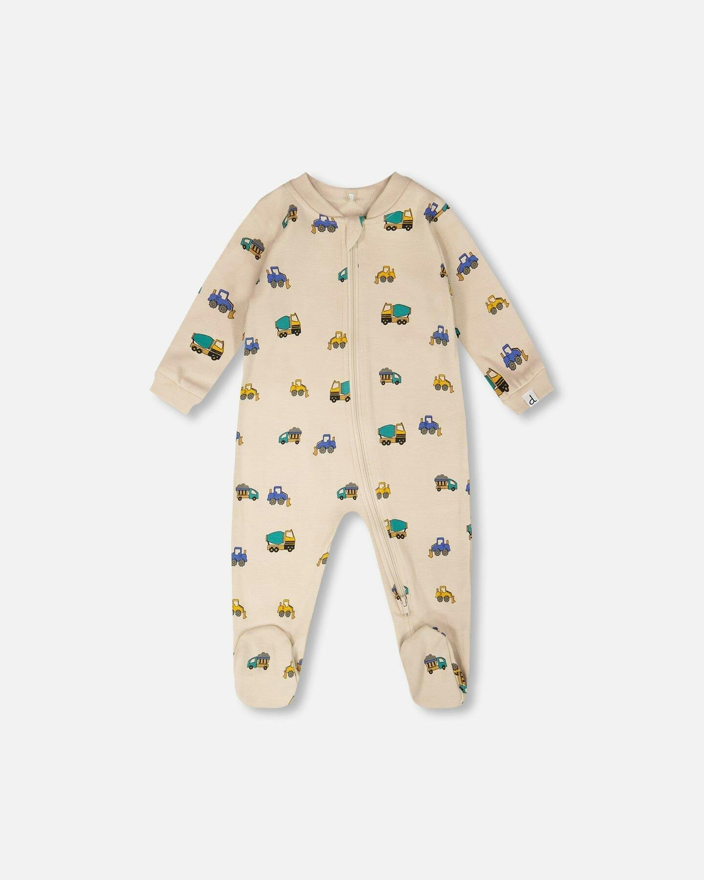 Organic Cotton Baby One-Piece Pyjama Beige Truck Print