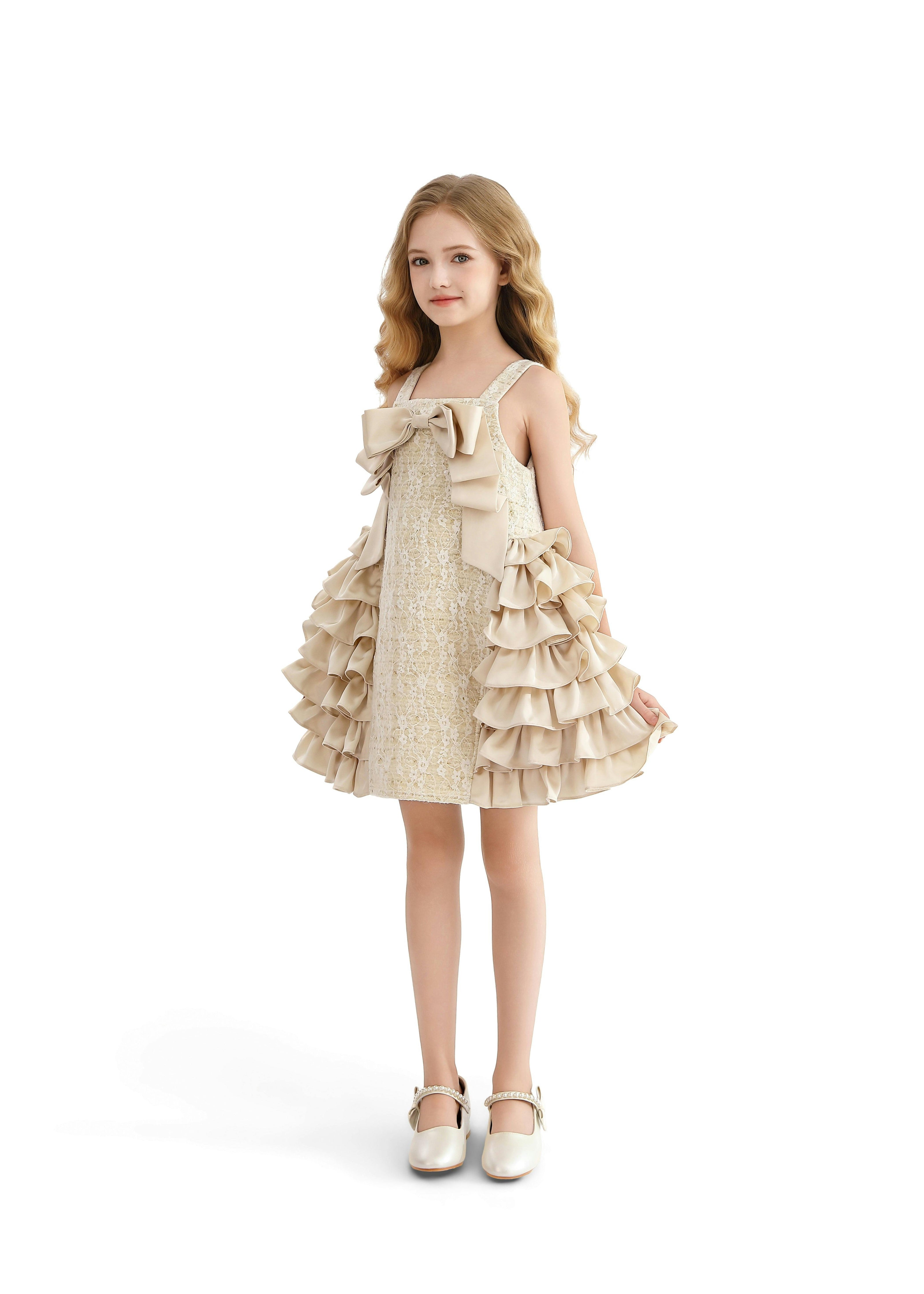Cream Ruffle Cascade Bow Dress