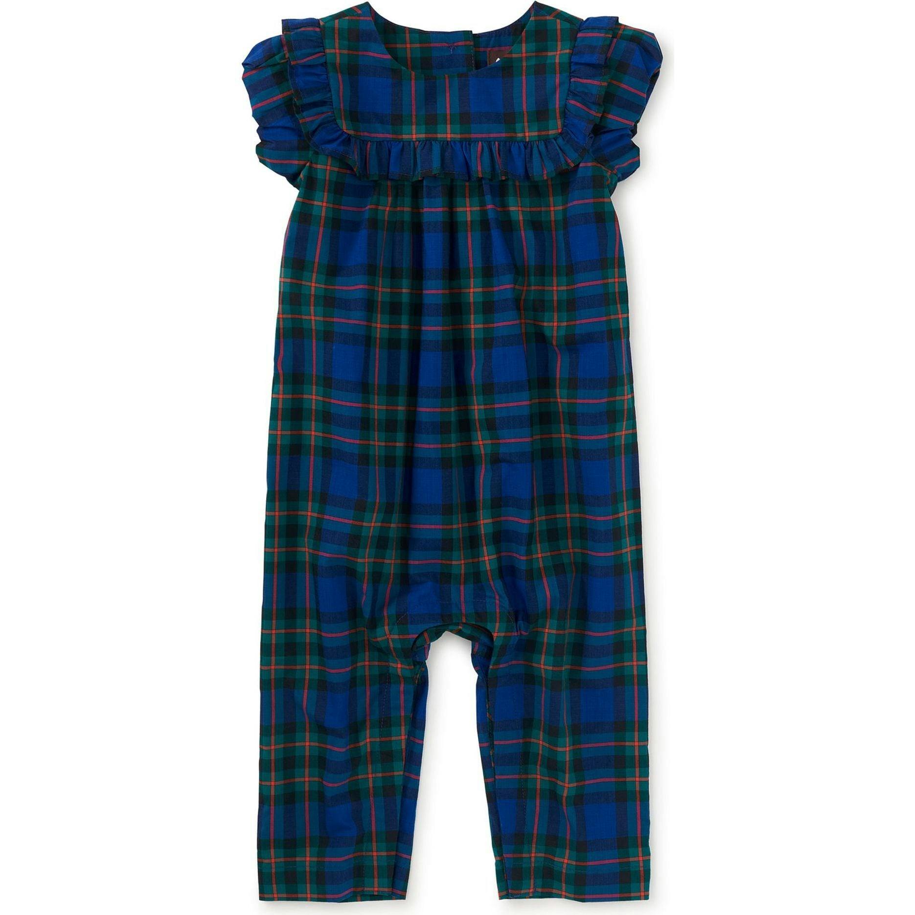 Plaid Ruffle Baby Romper, Blue