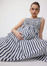 Square Neck Smocked Cotton Maternity Maxi Dress