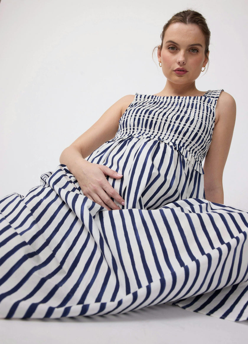 Square Neck Smocked Cotton Maternity Maxi Dress