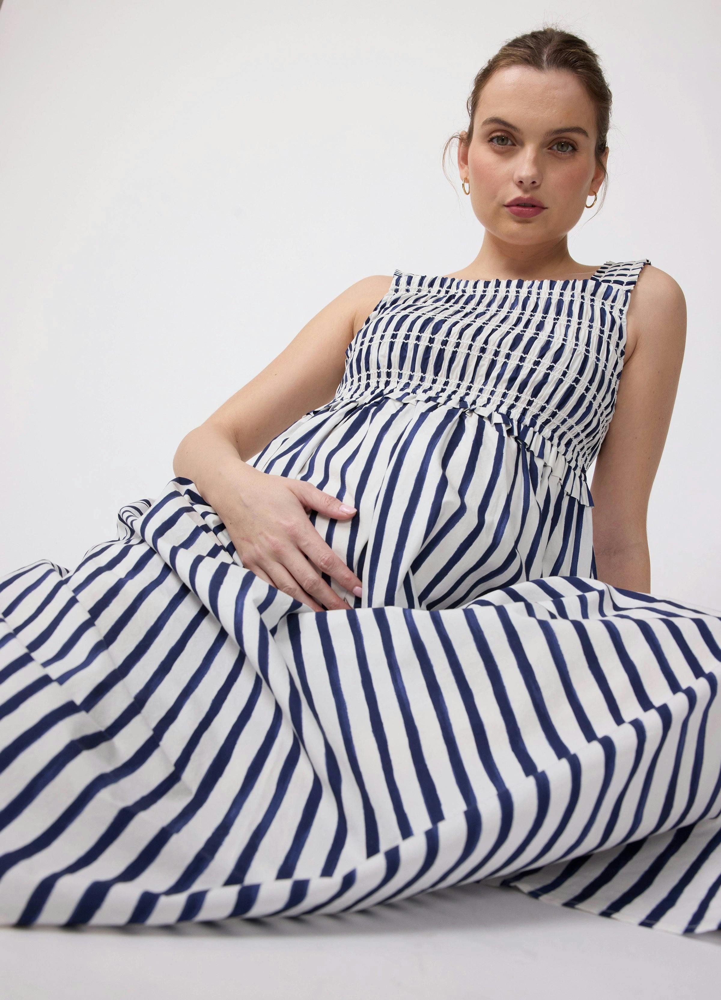 Square Neck Smocked Cotton Maternity Maxi Dress