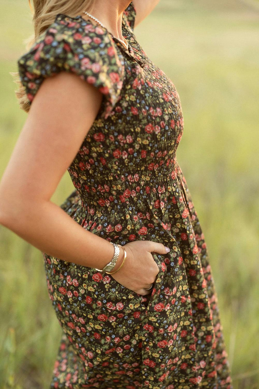 Annalise Dress in Obsidian Vintage Poppies