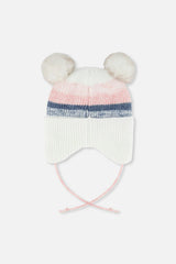 Baby Winter Knit Hat With Ear Flaps And Pompoms Off-White, Pink And Blue