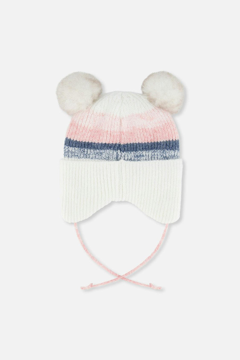 Baby Winter Knit Hat With Ear Flaps And Pompoms Off-White, Pink And Blue