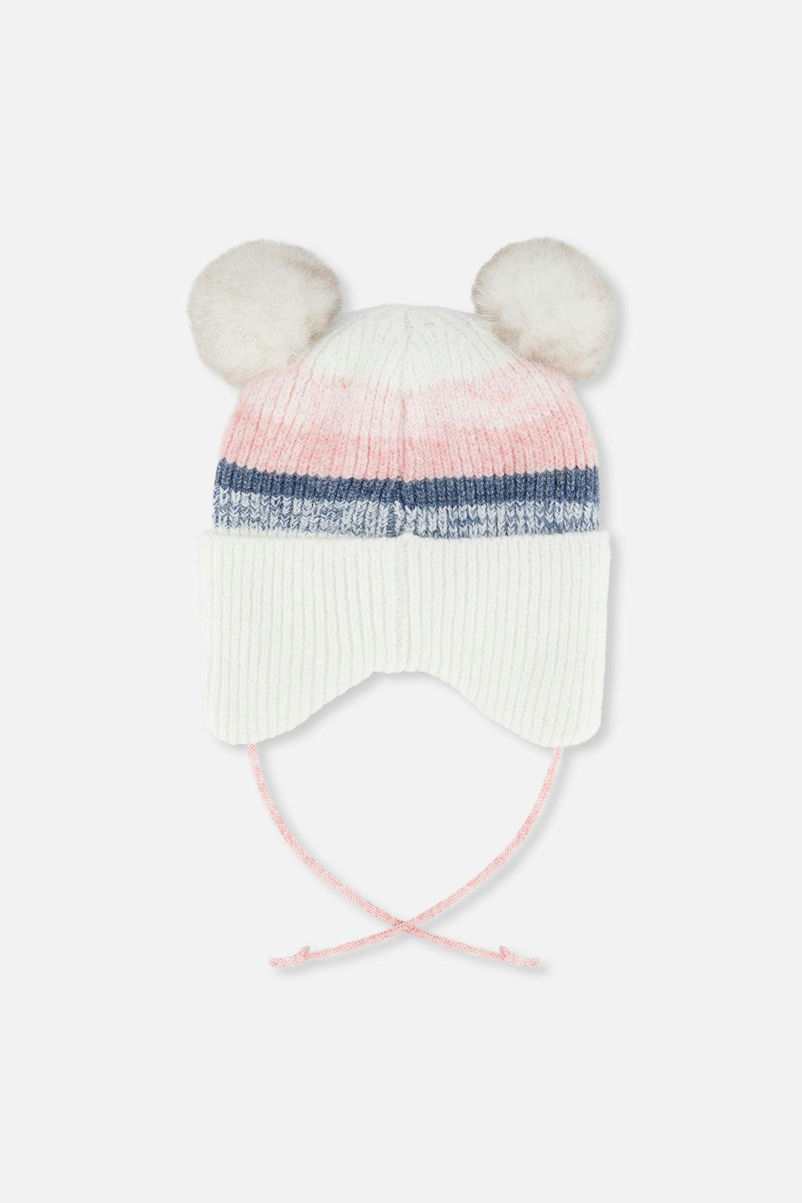 Baby Winter Knit Hat With Ear Flaps And Pompoms Off-White, Pink And Blue