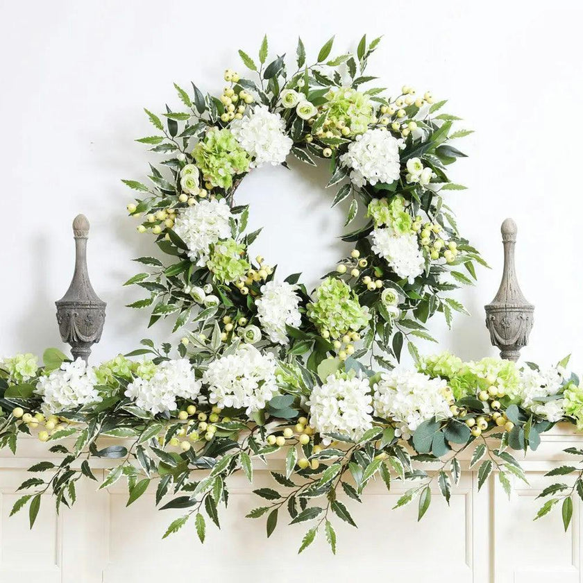 White & Green Hydrangea with Cream Berry Artificial All Seasons Greenery Mantle Garland and Table Runner