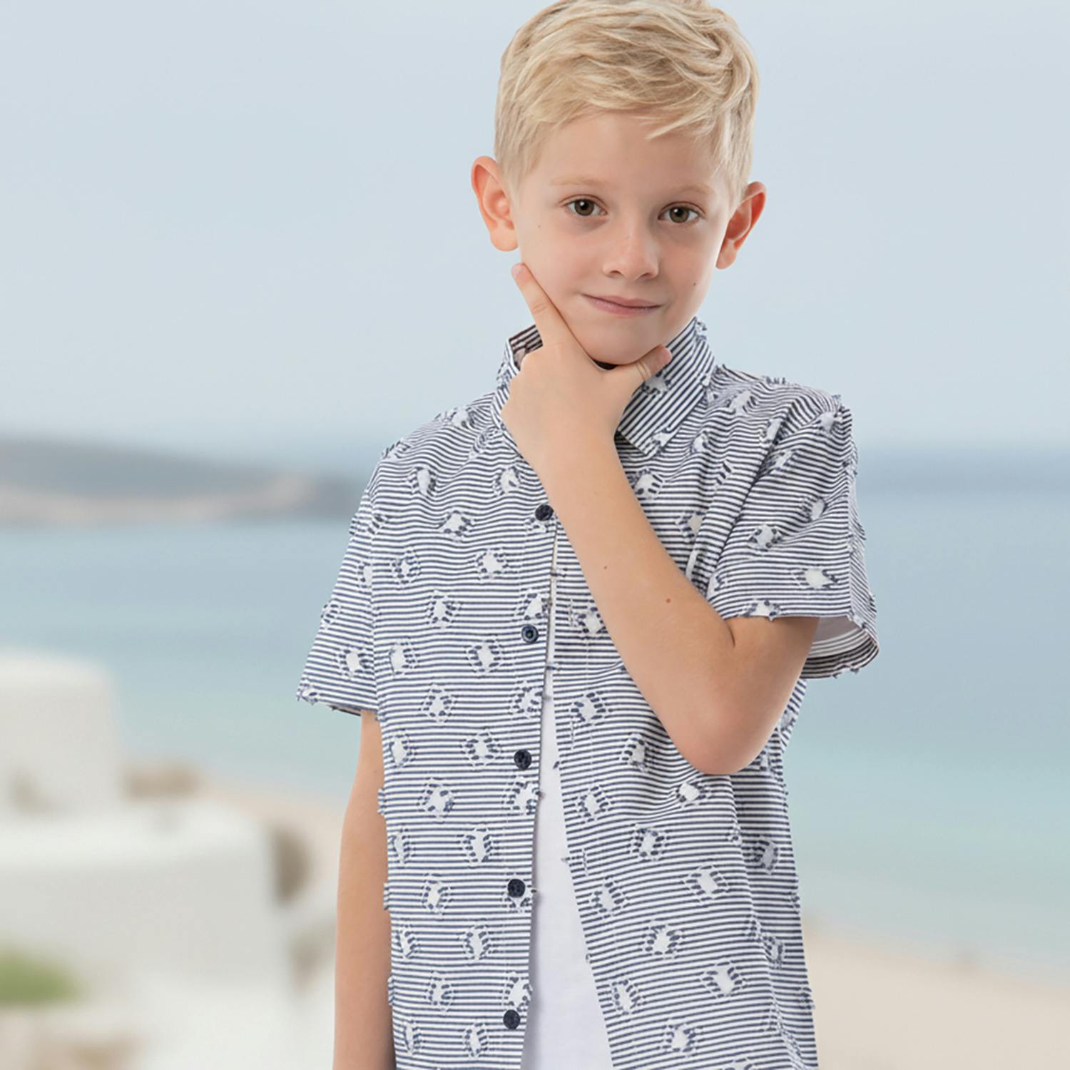 Colin Boy Shirt Short Sleeve Cotton, Navy Blue Square