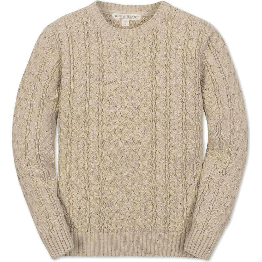 Organic Long Sleeve Fisherman Cable Pullover Sweater, Beige