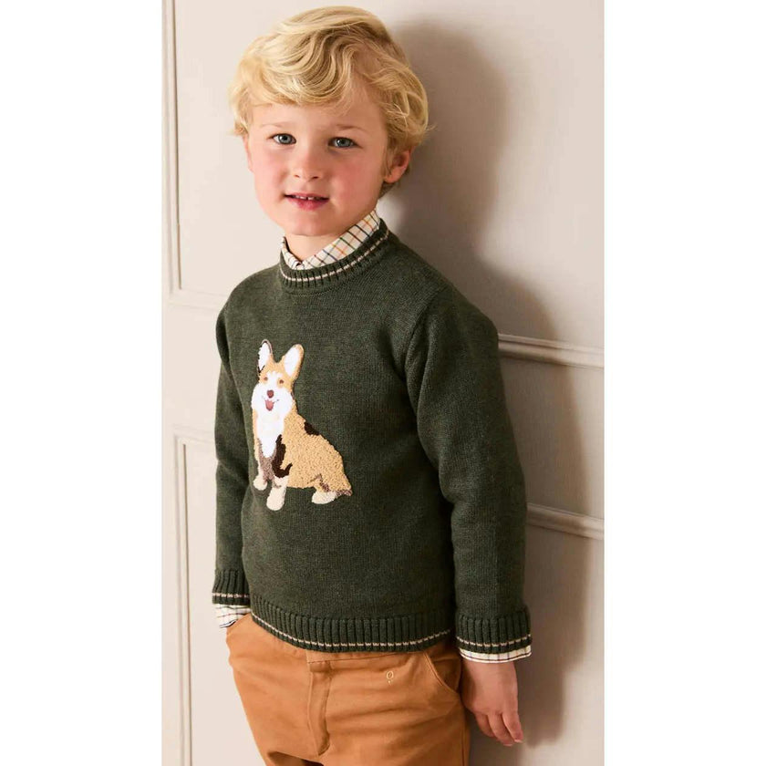 Corgi Embroidered Button Detail Jumper in Green (18mths-10yrs)