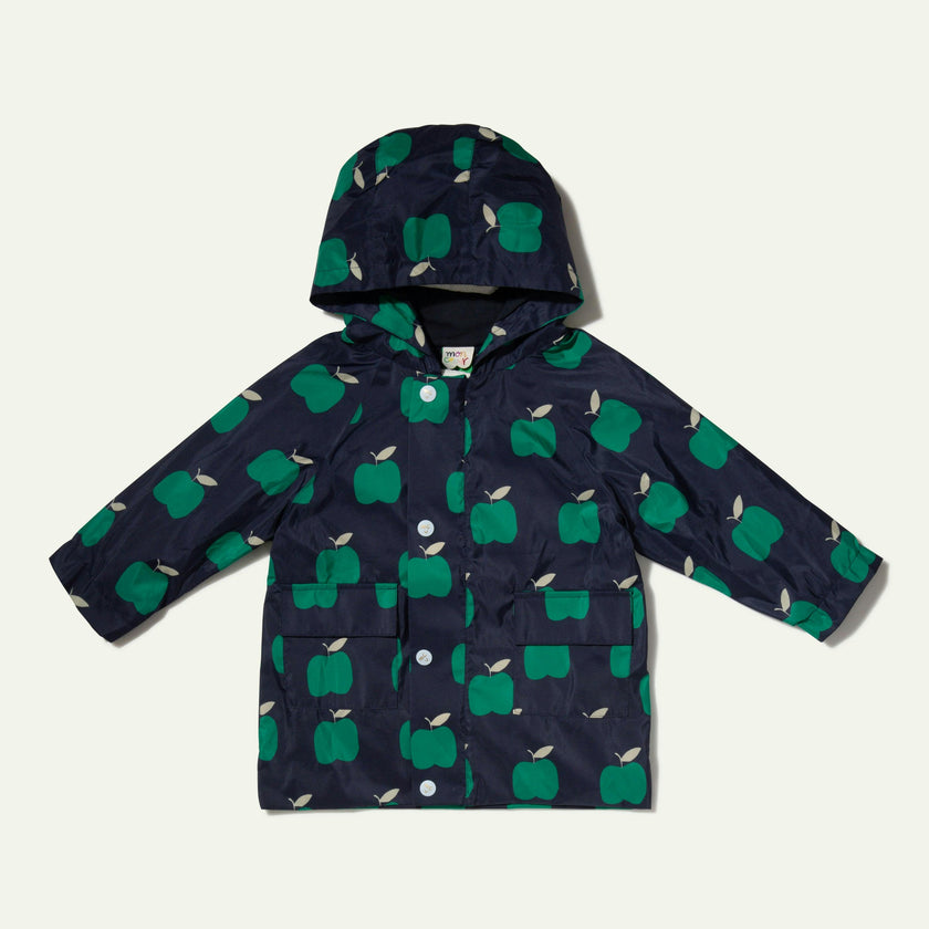 Baby Apple Print Ribbed Cuff Hooded Zipper Raincoat