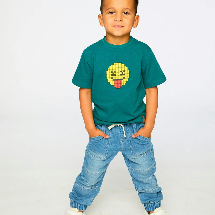 Organic Cotton Jersey T-Shirt With Print Dark Turquoise