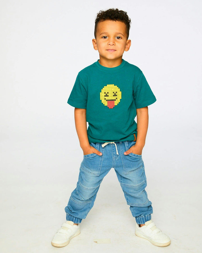 Organic Cotton Jersey T-Shirt With Print Dark Turquoise
