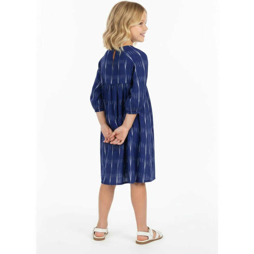 Sara Girl's Popover Dress Indigo Ikat, Blue