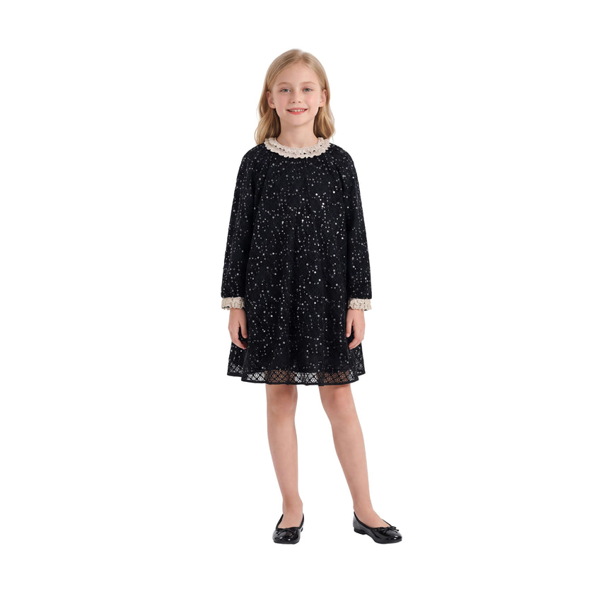 Black Sequin Lace-Trim Dress