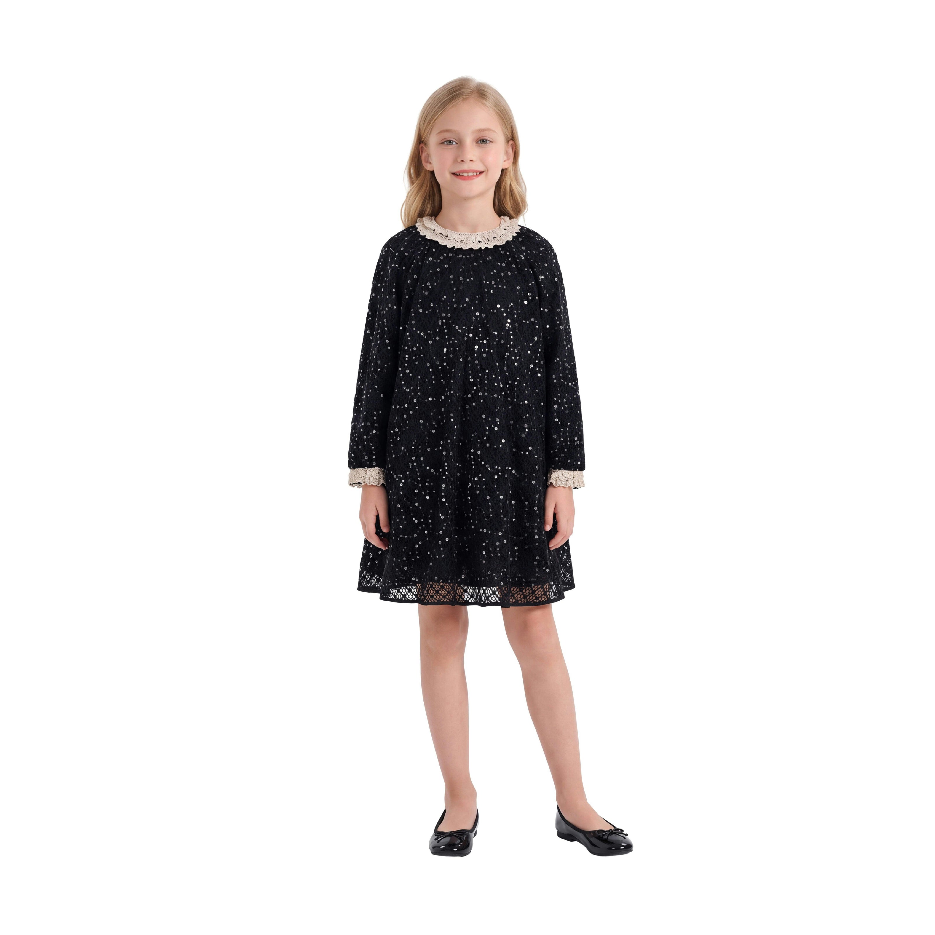 Black Sequin Lace-Trim Dress
