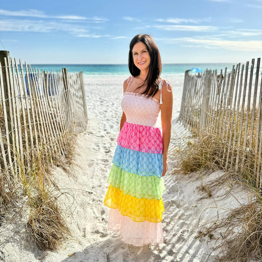Women's Smock Bodice Tiered Dress in Block Print