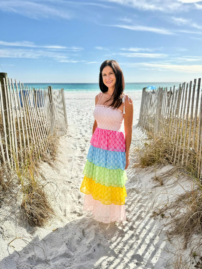 Women's Smock Bodice Tiered Dress in Block Print