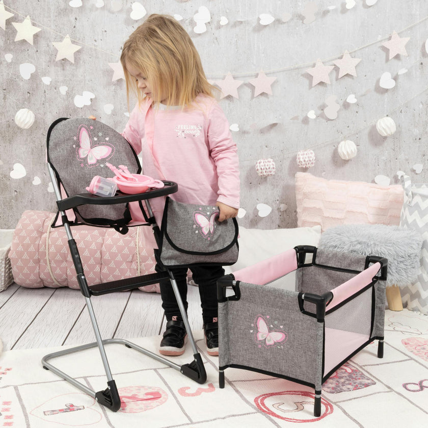 Bayer Design Dolls: 9-In-1 Travel Bed Set - Grey, Pink, Butterfly