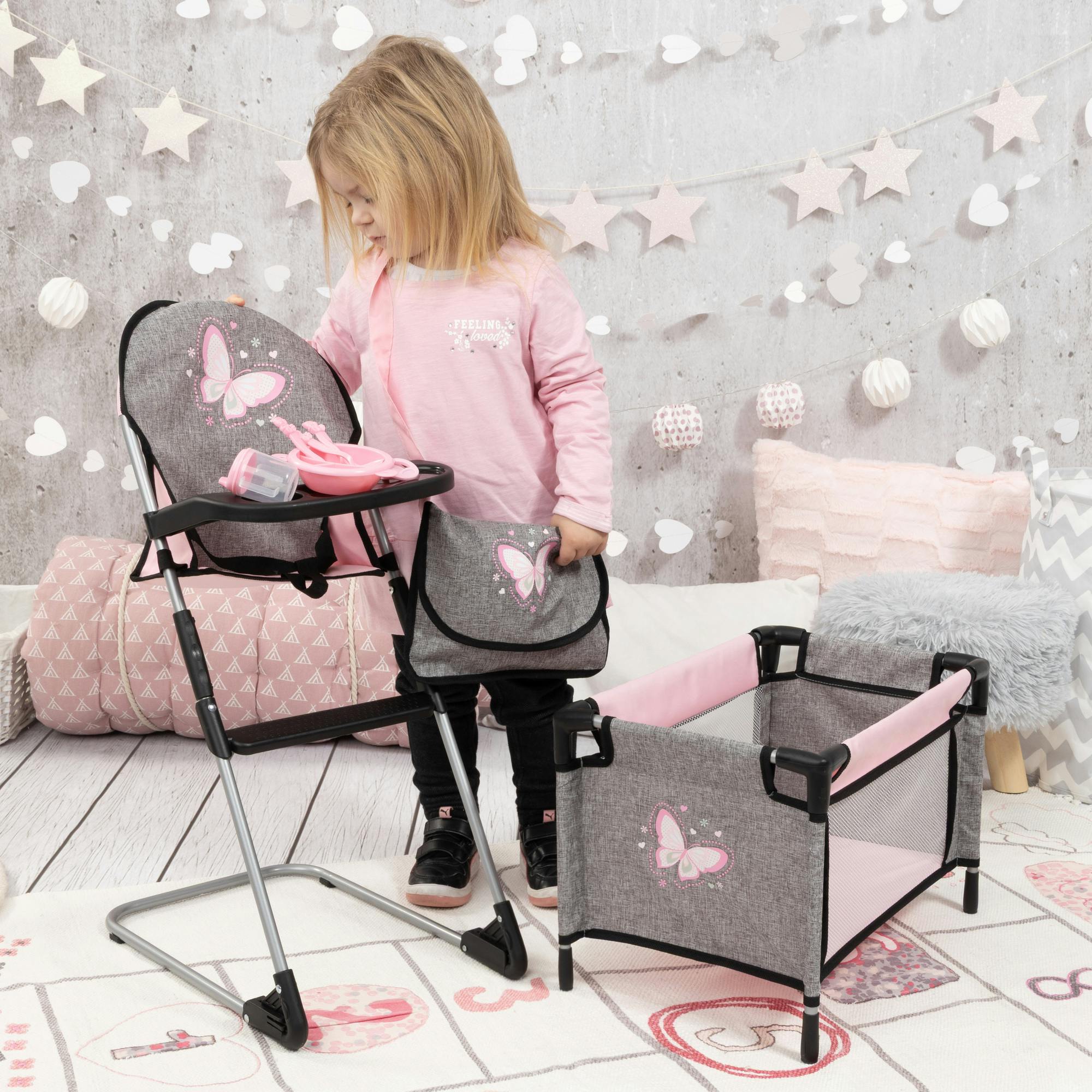 Bayer Design Dolls: 9-In-1 Travel Bed Set - Grey, Pink, Butterfly