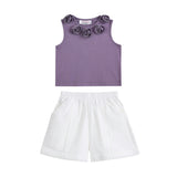 Purple Rosette Top and Lace-Trim Shorts Set