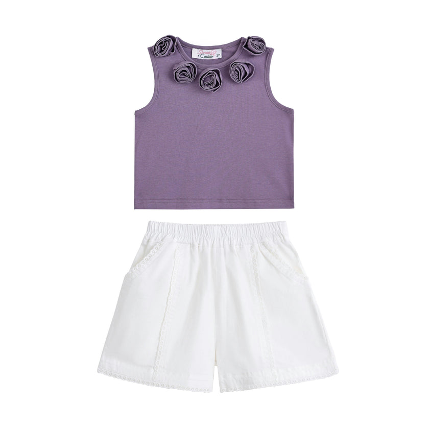 Purple Rosette Top and Lace-Trim Shorts Set