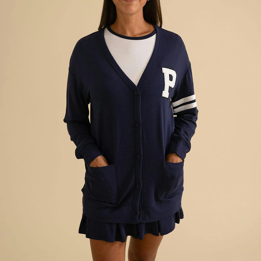Varsity Navy Women's French Terry Varsity Cardigan