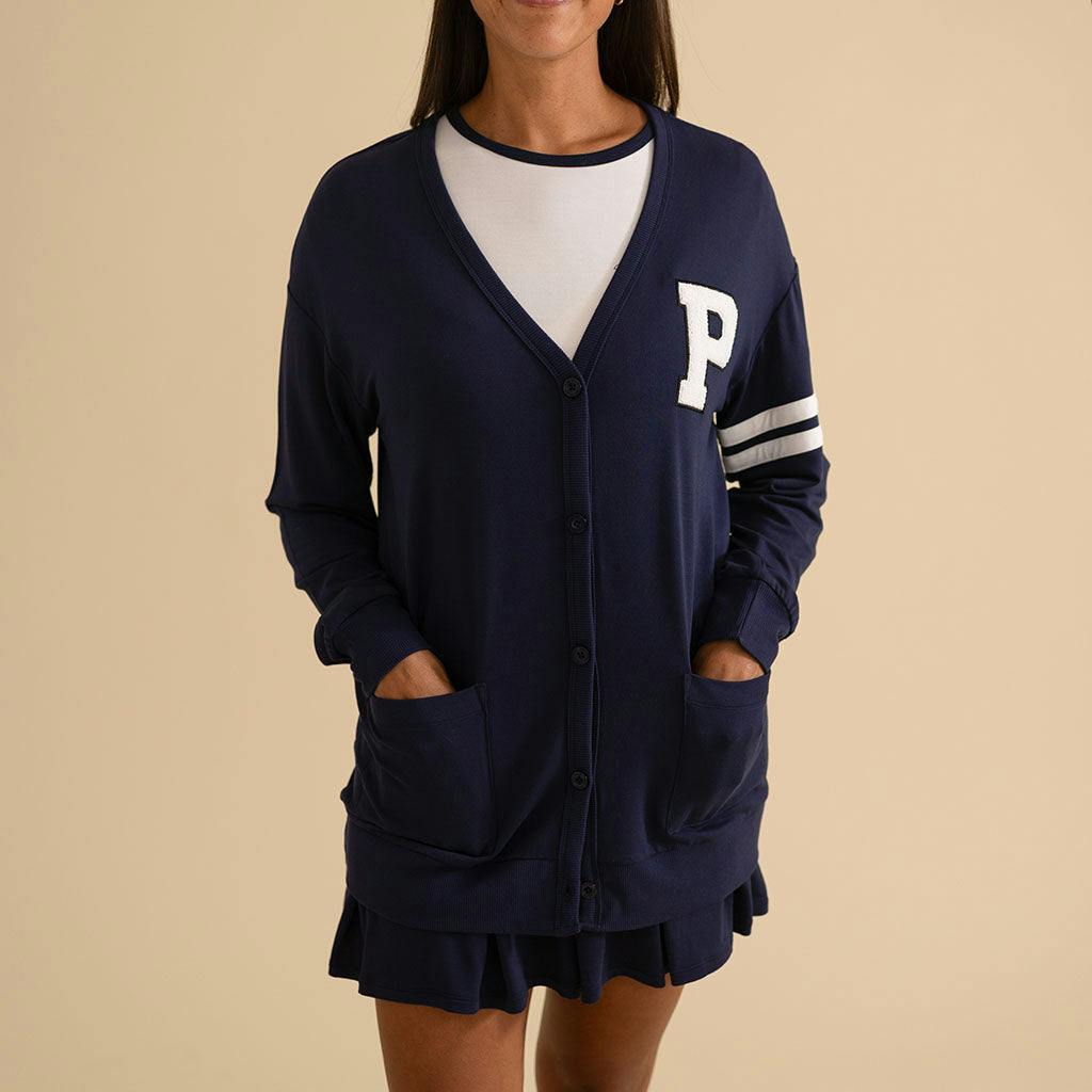 Varsity Navy Women's French Terry Varsity Cardigan