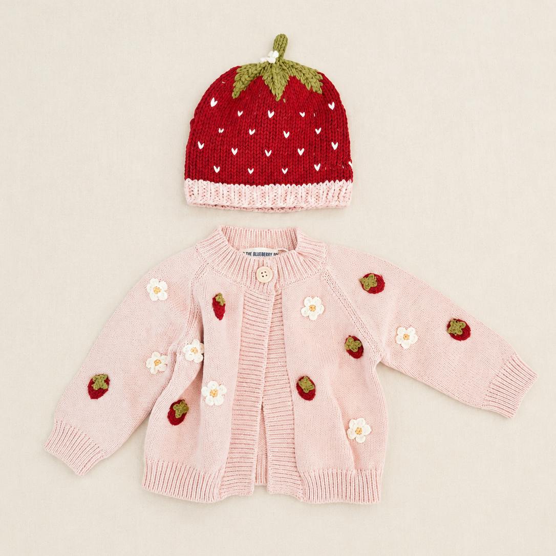 Cotton Strawberry Flower Cardigan and Hat Set - Blush
