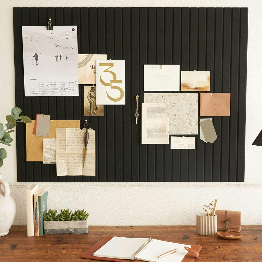 Large Felt Bulletin Board - Stylish 35" x 47" Cork Board Alternative for Office & Wall Decor - 12 Adhesive Tiles w/Golden Pins to Display Your Photos