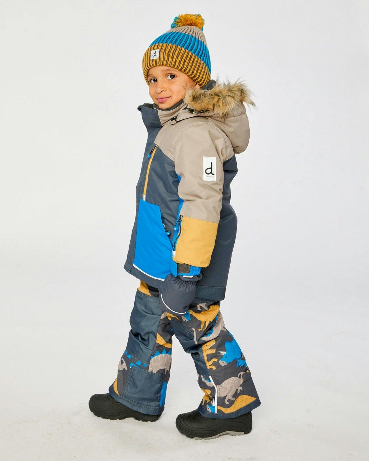Two Piece Play Snowsuit Colorblock with Grey and Blue Dinosaur Print Pants