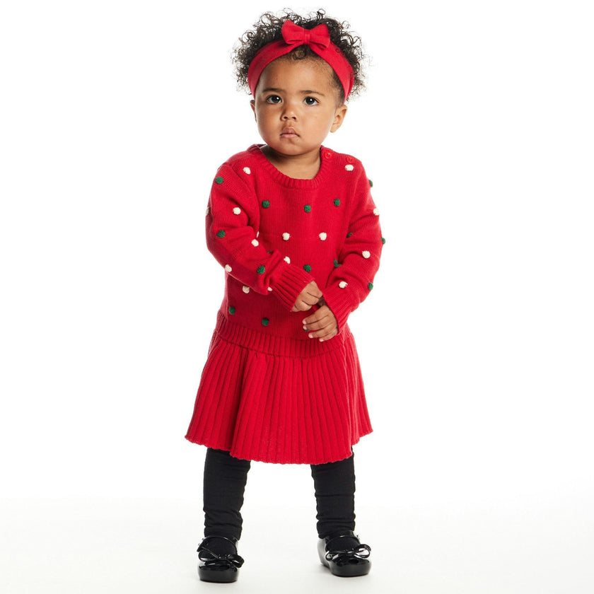 Infant Bubble Sweater Rib Knit Twofer Dress & Headband