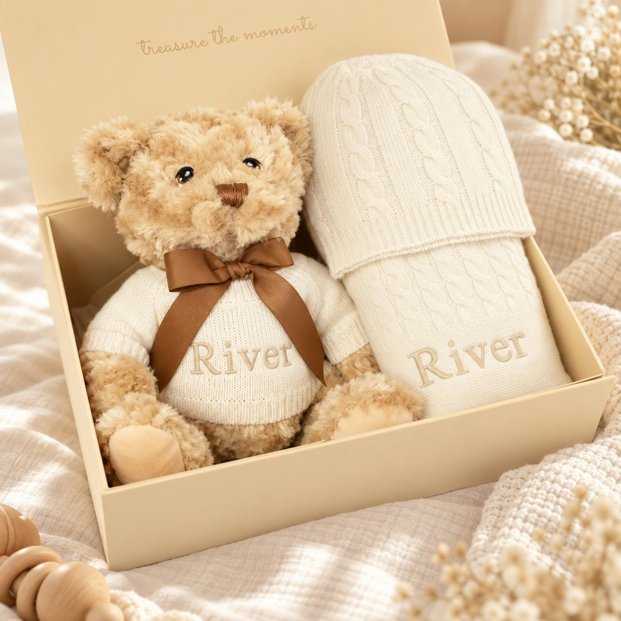 Peronalized Cashmere Baby Blanket and Teddy Gift Set