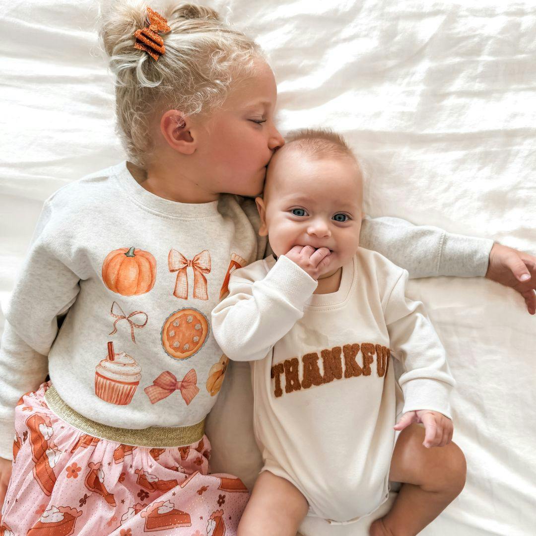 Thankful Patch Varsity Thanksgiving Long Sleeve Romper