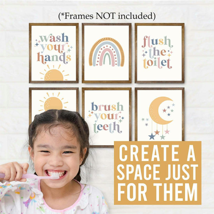 10-Piece Boho Rainbow Potty Training Charts & 6-Piece Bathroom Wall Art Decor Prints