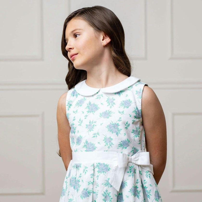 Linen Sleeveless Peter Pan Collar Tea Dress with Waist Sash, Blue