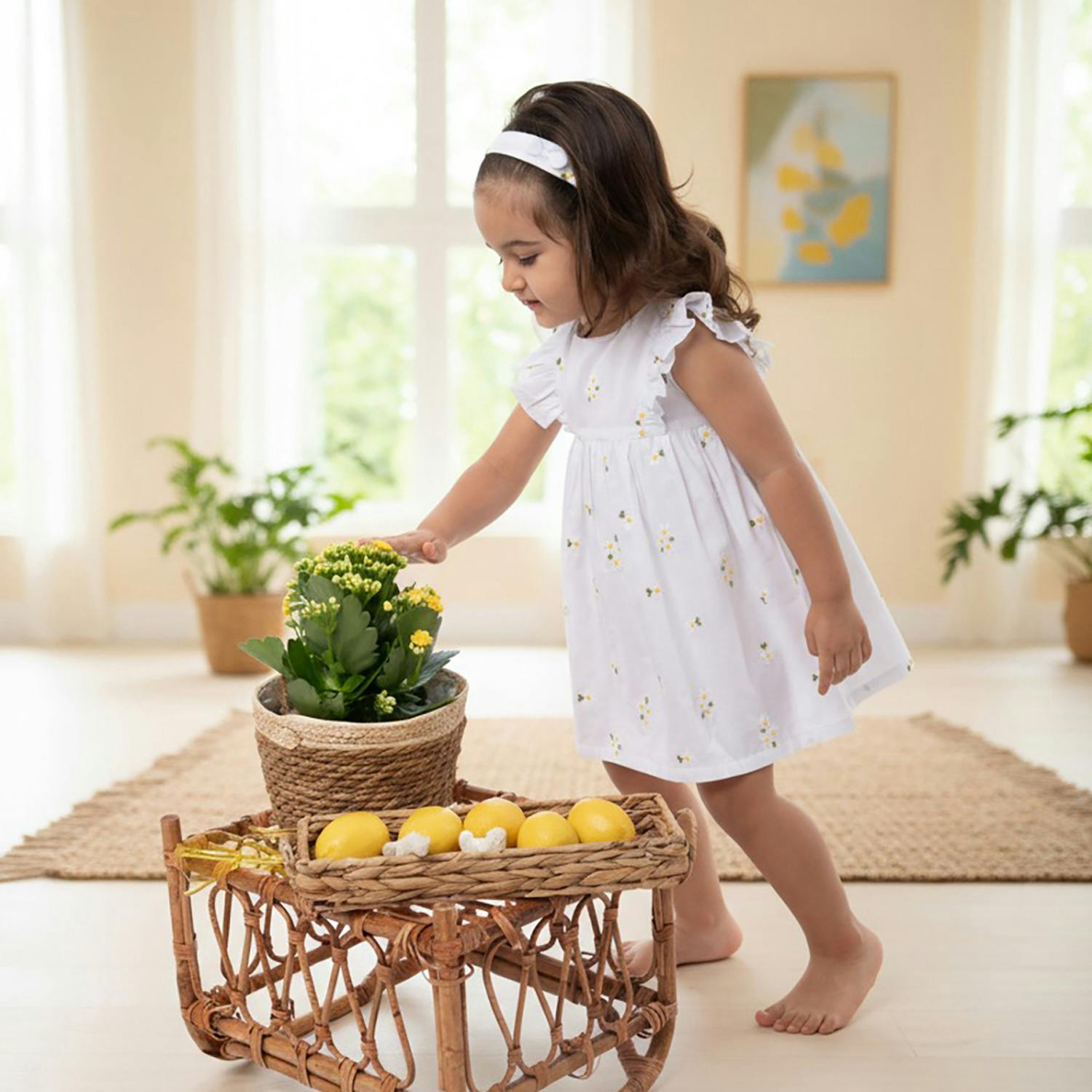 Emilie Baby Dress Sleeveless, White Daisy