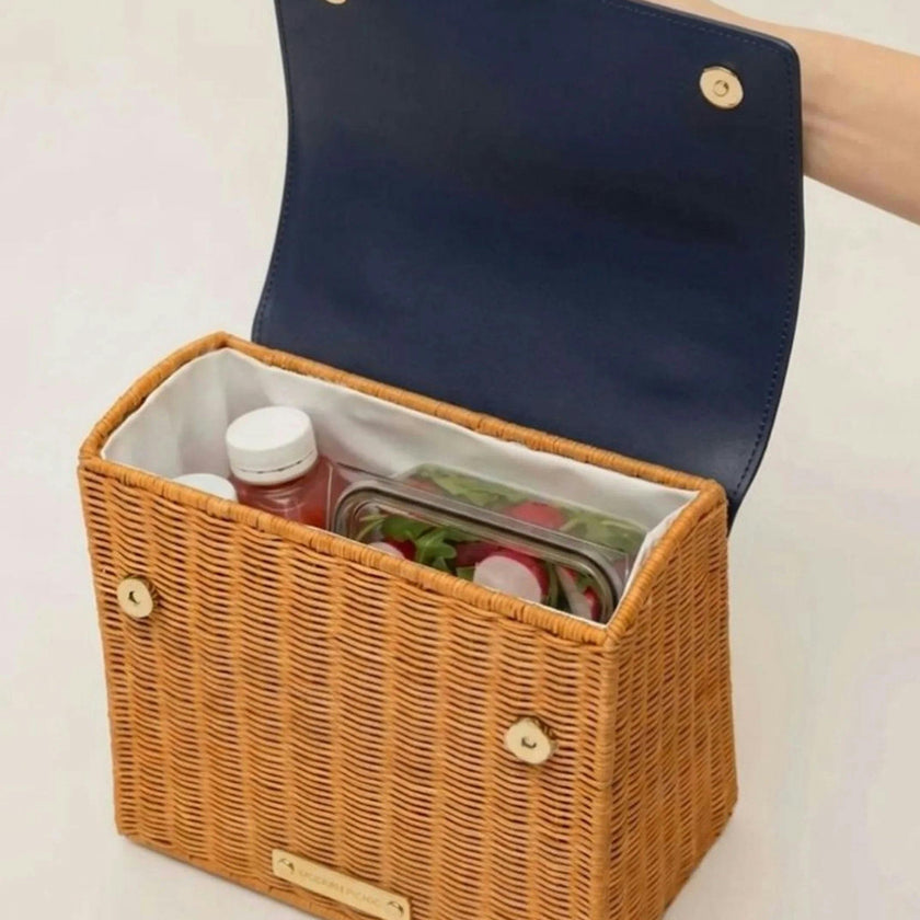 Medium Insulated Hand-Woven Wicker Lunchbox, Natural & Navy