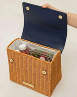 Medium Insulated Hand-Woven Wicker Lunchbox, Natural & Navy