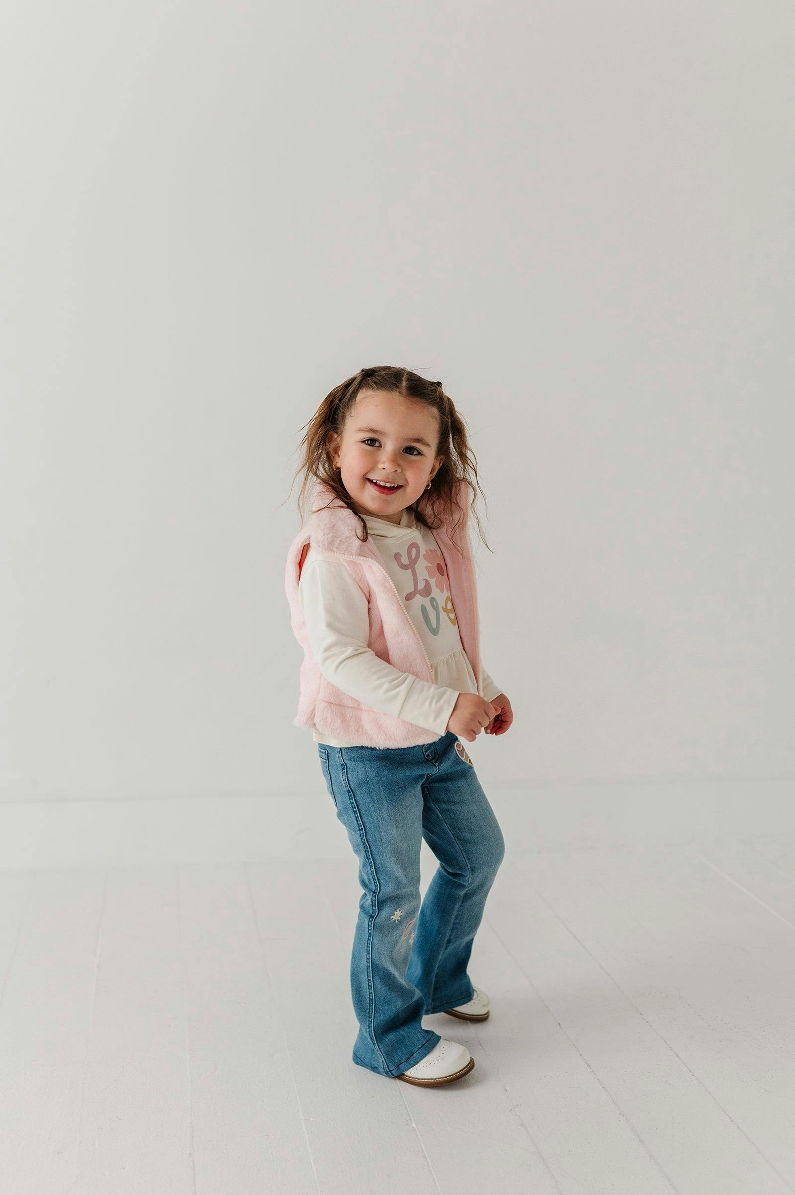 Girls Flare Denim Jeans in Mid Blue Wash