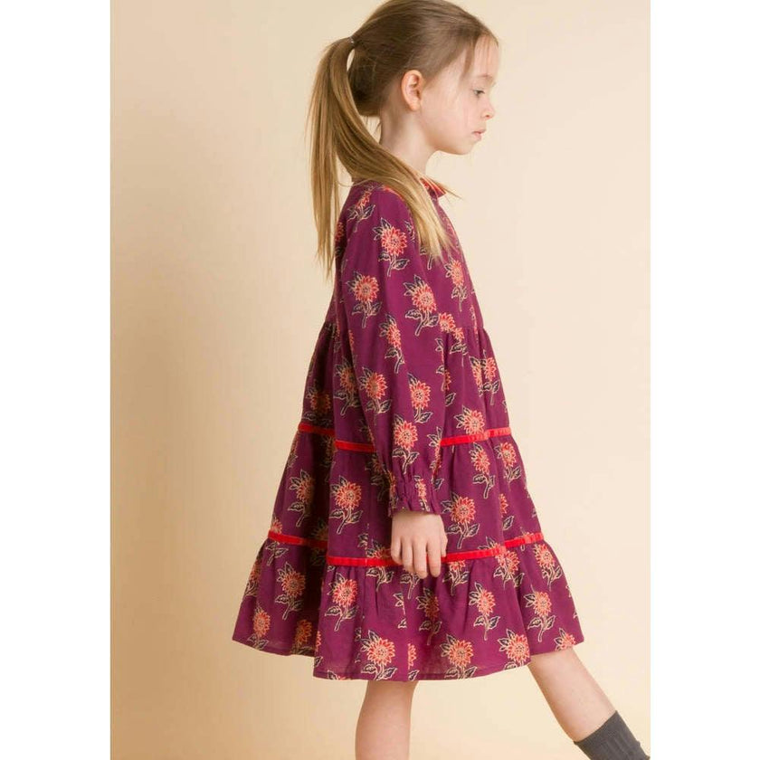 Long Sleeves Tiered Skirt Dress with Velvet Trim