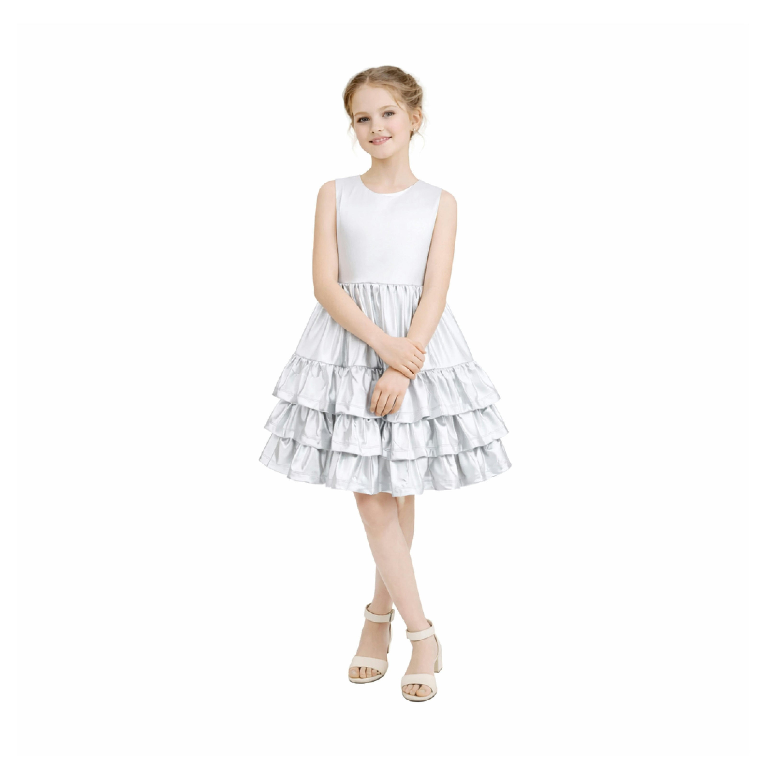 Silver Satin Ruffle Party Dress