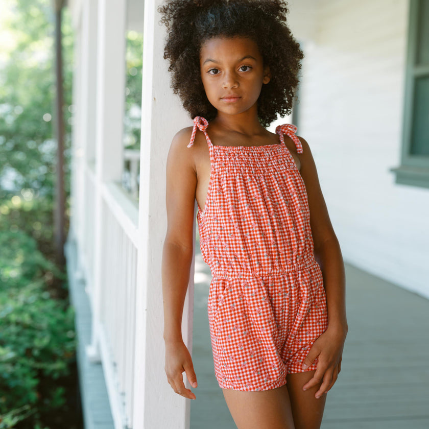 girls cranberry gingham french terry romper