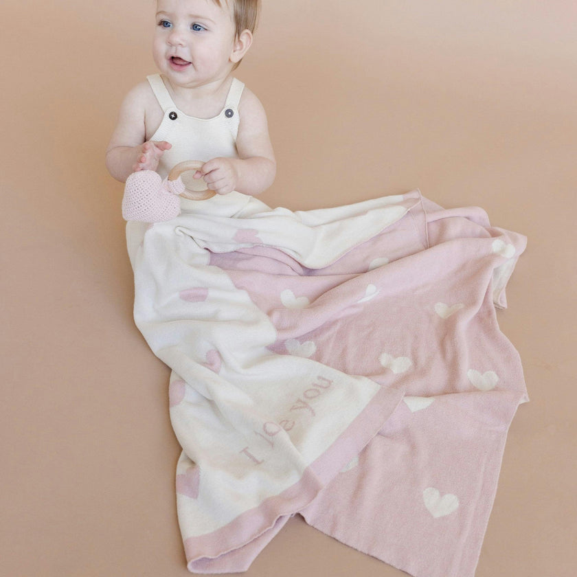 Heart I Love You Blanket, Hat, and Bunny Rattle Gift Set