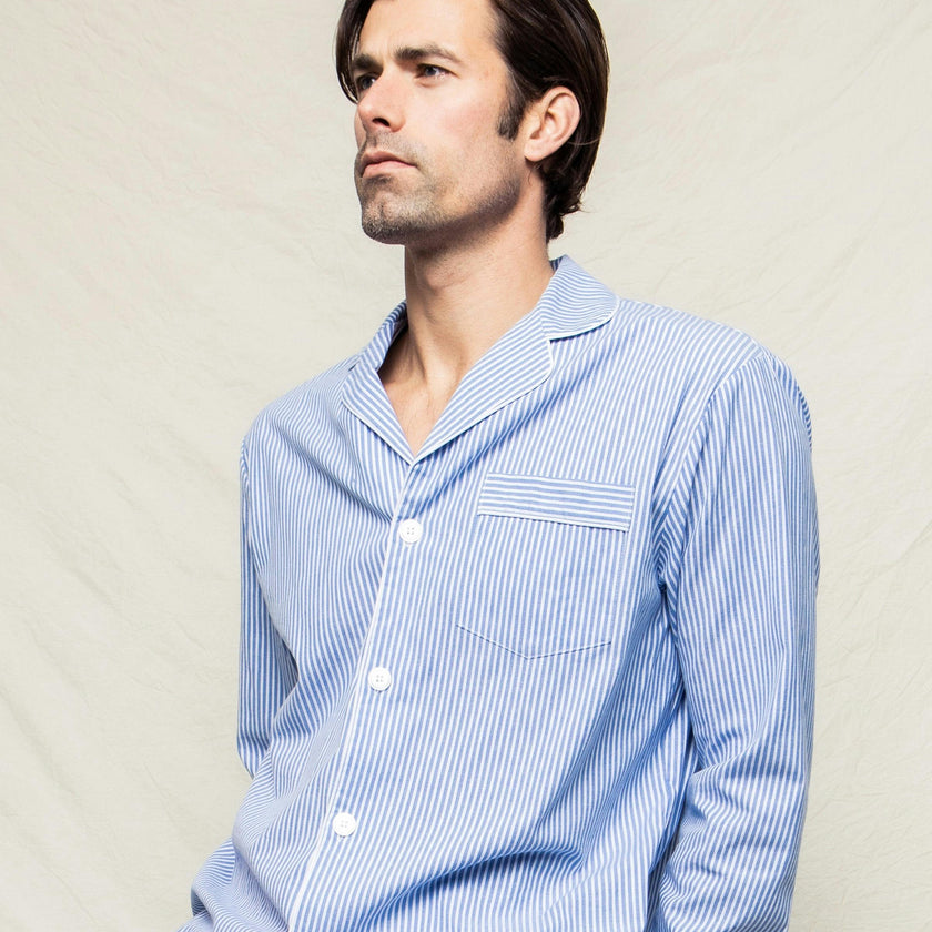 Men's Twill Pajama Set in French Blue Stripes