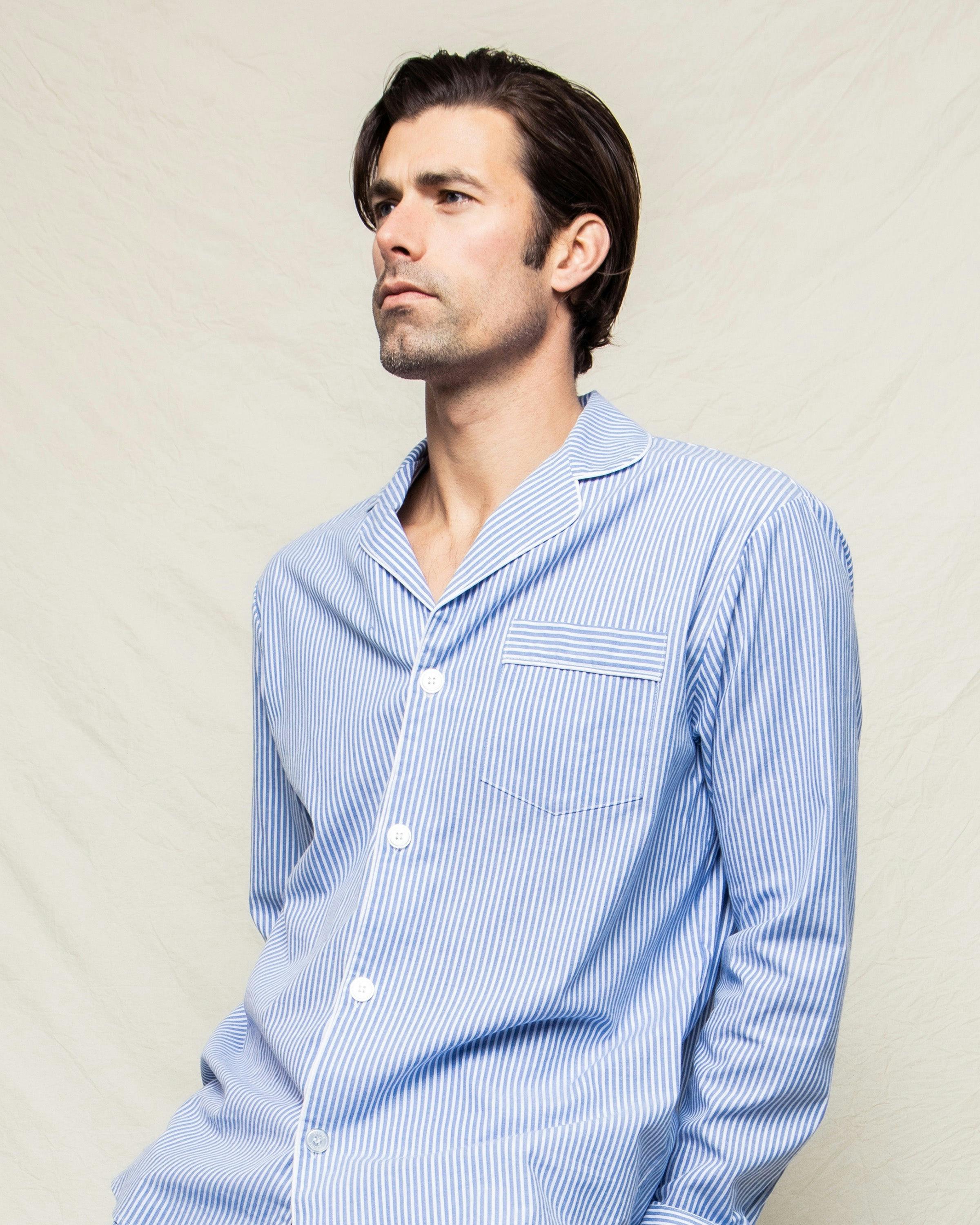 Men's Twill Pajama Set in French Blue Stripes