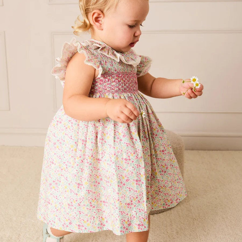 Adelaide Floral Hand Smocked Ruffle Collar Cap Sleeve Dress in Pink (12mths-6yrs)